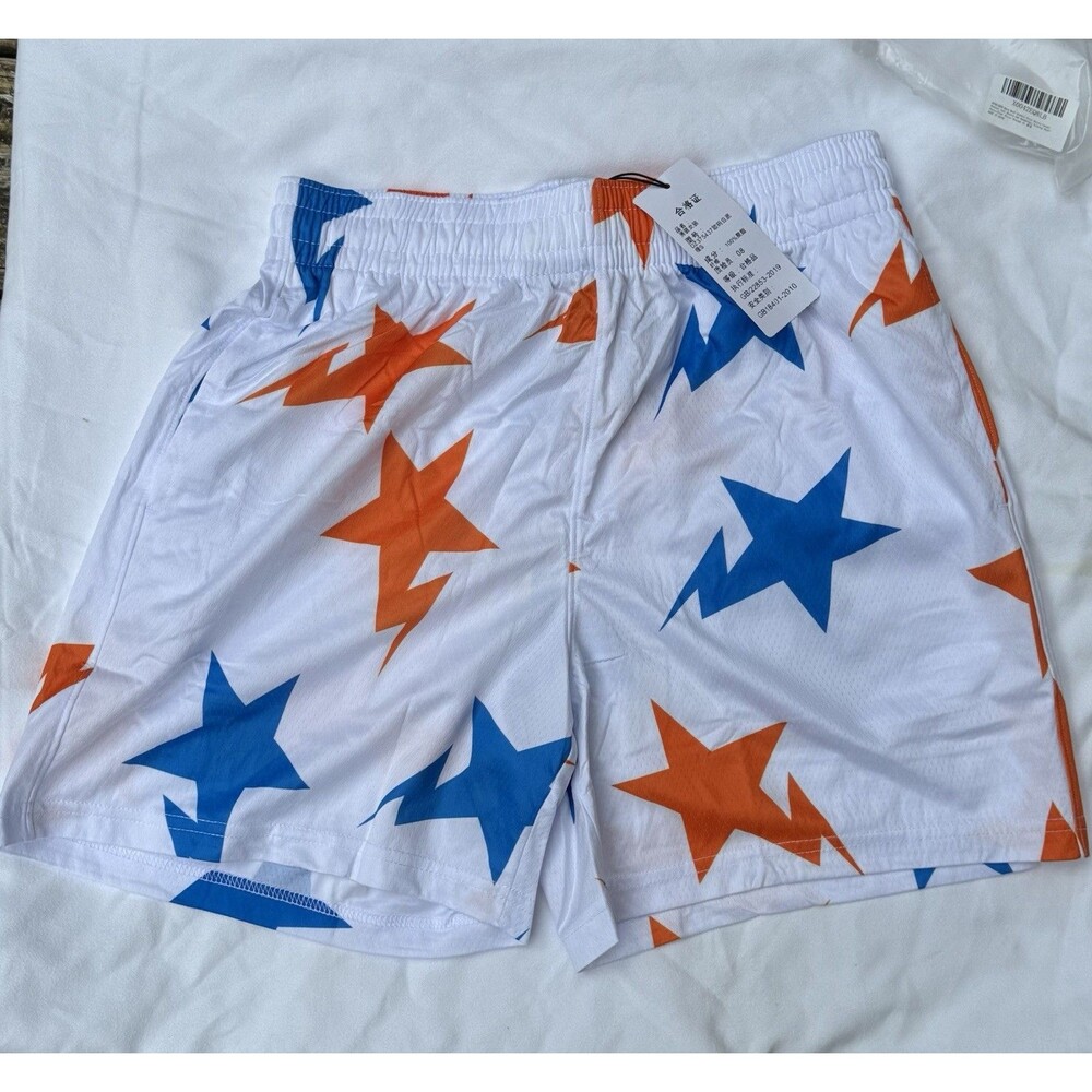 Men’s Size Small White With Blue And Orange Stars Side Pockets Shorts
